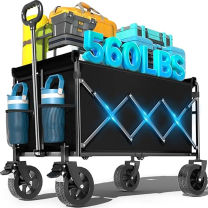 LIAPOTT Wagons Carts Foldable Heavy Duty, 560lbs Beach Wagon with Brakes - color: Blue