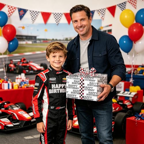 Cuitpan Reversible Birthday Wrapping Paper – Checkered Happy Birthday Text & Black White Checkerboard, Gift Wrap for Men, Racing Theme Design, Birthday Party, 17" x 16.5ft - color: Happy Birthday-Black