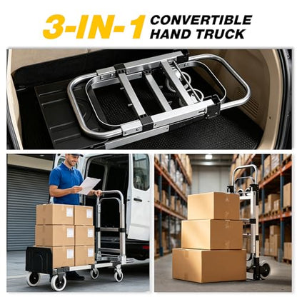 3 in 1 Convertible Hand Truck Dolly, 600Lbs Heavy Duty Folding Hand Truck Dolly Cart with Wheels, Adjustable Handle Angle & Expandable Base for Moving Home, Shopping, Office, Warehouse, Black