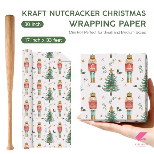 WRAPAHOLIC Kraft Nutcracker Christmas Wrapping Paper - Mini Roll - 17 Inch x 33 Feet - Nutcracker and Christmas Tree Wrapping Paper for Holiday, Party Celebration - color: Nutcracker & Christmas Tree, size: 17 inch x 33 feet