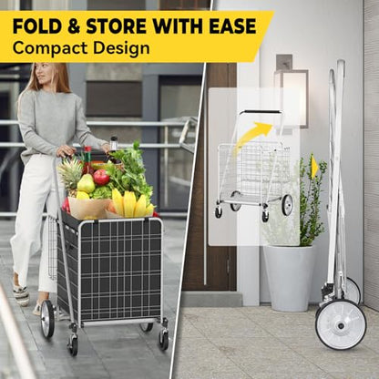 XINGLANG 5.7 Cu Ft Folding Shopping Cart - 600 LB Capacity Grocery Cart with 360° Braked Swivel Wheels - Heavy Duty Utility Cart with Double Basket & Removable Waterproof Liner with Lid for Laundry - color: Silver