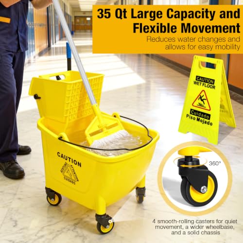 35Qt Commercial Mop Bucket with Side Press Wringer on Wheels Yellow