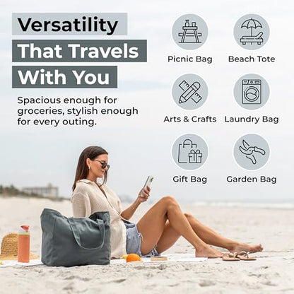 VeraMia Canvas Grocery Bag 3pc XL Set with Real Pockets, Long Shoulder Strap and Short Handle. Heavy Duty, Foldable, Washable - color: Caribbean