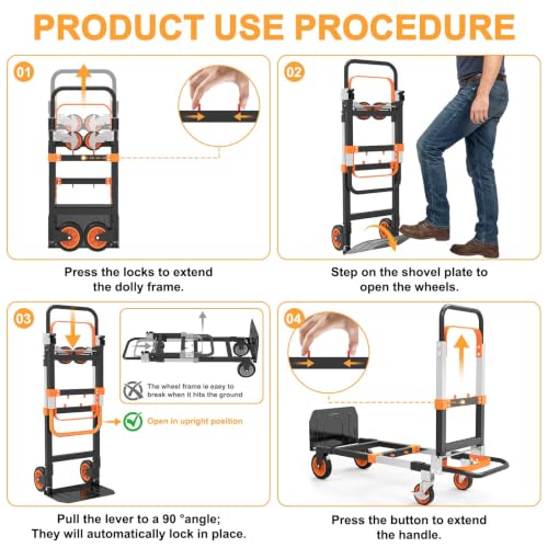 3-in-1 Folding Heavy Duty Hand Truck Dolly Cart Trolley with Wheels(Orange) - color: Orange