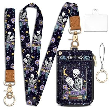 Goth Skeleton Book Lanyard Wallet with ID Badge Holder, Small RFID Keychain - color: Book Skeleton