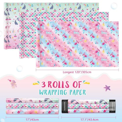 WERNNSAI Mermaid Wrapping Paper, 3 Rolls x 10' Wrapping Paper Birthday Girl - color: Blue Mermaid
