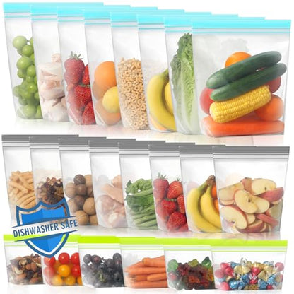 Lerine 22 Pack Stand Up Reusable Freezer Bags, Dishwasher Microwave Safe - color: Multicolor, size: 22 Pack-8 Gallon 8 Sandwich 6 Snack