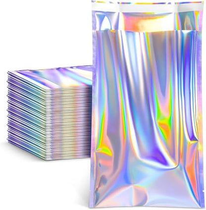 FUNFERY 7x10 in Holographic Mylar Poly Mailers Self Sealing Adhesive Bag - color: Holographic Self Adhesive-50P, size: 7x10 inch