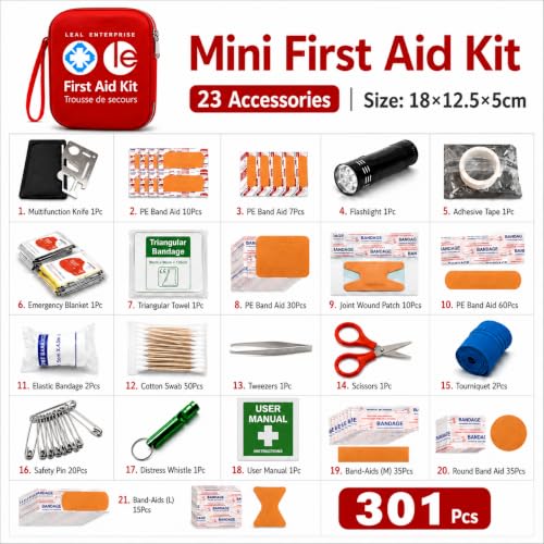 First Aid Kit 301 Piece - Fully Stocked Survival Emergency Kit for Home, Car, Camping, Workplace, Outdoor Travel & Family Preparedness