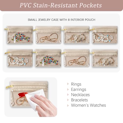KarSyon Travel Jewelry Case Organizer Boxes with 8 Velvet Zipper Pouches - color: Beige, size: Small