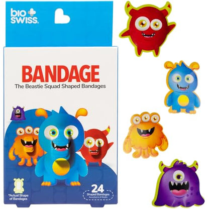 BioSwiss Bandages, Beastie Squad Shaped Self Adhesive Bandage Set, Latex Free, Sterile Wound Care, 24 Count - size: 24-Count Box, style: Beasts
