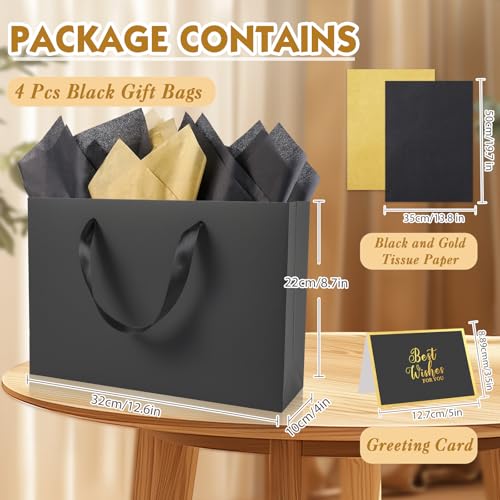 Epoesch 4 Pack Medium Black Gift Bags with Handles and 12 Tissue Papers - color: Black Gift Bags