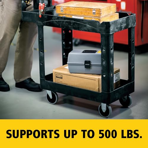 Rubbermaid Commercial Products 2-Shelf Utility/Service Cart, Small, Lipped Shelves, Ergonomic Handle, 500 lbs. Capacity, for Warehouse/Garage/Cleaning/Manufacturing - color: Black, size: Small, style: 2-Shelf