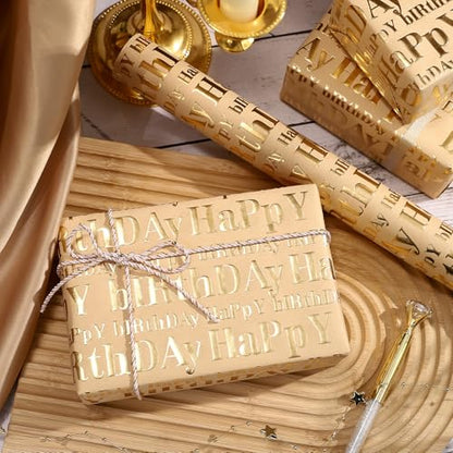 WRAPAHOLIC 30 Inch 3D Kraft Birthday Wrapping Paper Roll - 30 Inch x 16.5 Feet - Gold and Brown Happy Birthday Wrapping Paper with Embossed Perfect for Holiday, Party Celebration - color: Brown & Gold Happy Birthday, size: 30 inch x 16.5 feet