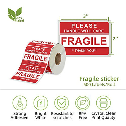 2" x 3" Fragile Stickers for Shipping and Moving Please Handle with Care Fragile Thank You Do Not Drop, Warning Stickers Fragile Labels, Permanent Adhesive(500 Labels, 1 Roll)
