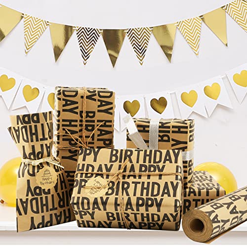 MAMUNU Birthday Wrapping Paper Roll, Black Kraft Happy Birthday Wrapping Paper Jumbo Roll, Brown and Black Kraft Gift Wrap Set for Boys Men Women Girls, 17x590 inch (70 sq. ft.) - color: Black