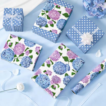 WERNNSAI Hydrangea Wrapping Paper 17 In x 33 Ft Blue Floral Wrapping Paper - color: Hydrangea