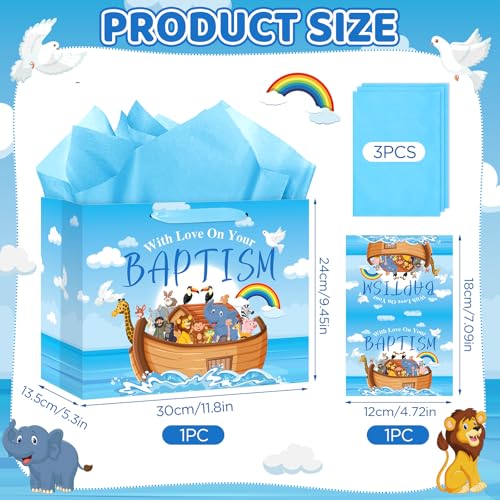 Neptniopllab Large Baptism Gift Bags for Boys,Blue Religious Christian Birthday Gift Bag with Greeting Card and Tissue Paper for Baby Boy First Communions Baptism Christenings (Baptism) - color: Baptism