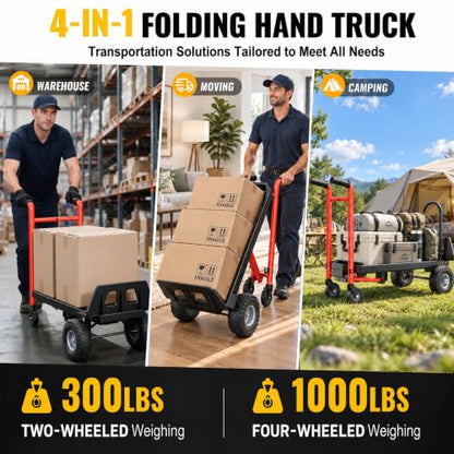 4 in 1 Folding Hand Truck, 1000lbs Capacity Dolly Cart Industrial Convertible Heavy Duty with Retractable Handle and 4 Rubber Wheels, Collapsible Cart for Moving Home, Warehouse, Black-Red - color: Black Red-1000