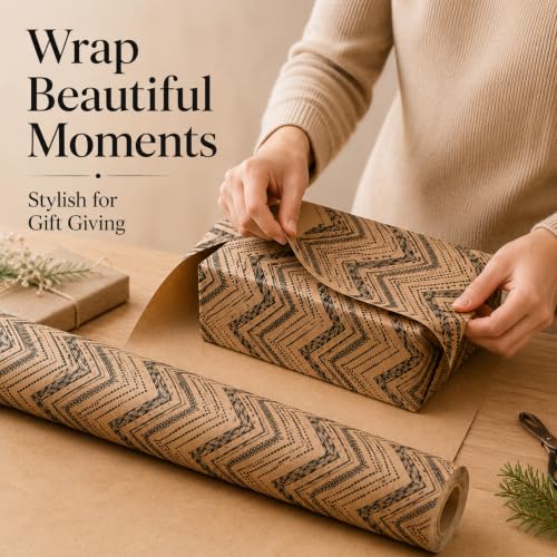 Ulmasinn Boho Kraft Wrapping Paper Roll, Black Geometric Gift Wrap on Recyclable Brown Kraft Paper, 17" x 33', Rustic Wrapping Paper for Wedding, Birthday, Baby Shower, Holiday Gifts & DIY Crafts - color: Ethnic Tribal