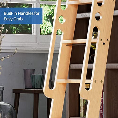7 ft Rolling Library Ladder, Sturdy Wood Step and Build-in Handrail, Multi-use for Loft Stairs/Bookshelf, Red Oak (Total Length 86.7’’)