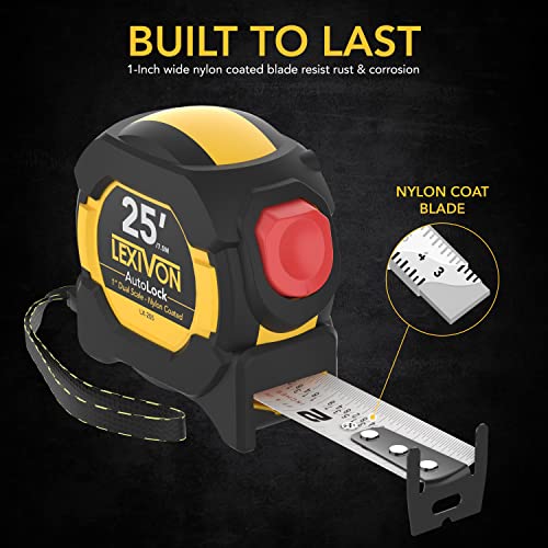 LEXIVON [3-Pack] 25Ft/7.5m AutoLock Tape Measure | 1-Inch Wide Blade with Nylon Coating, Matte Finish White & Yellow Dual Sided Rule Print | Ft/Inch/Fractions/Metric (LX-205X3) - size: 25 ft 3-Pack