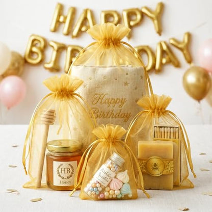 FUNFERY 100Pcs Gold Organza Bags 5x7 in,Small Mesh Drawstring Gift Bag - color: Gold