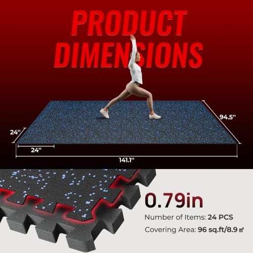 SUPERJARE 0.79'' Extra-Thick 24 Pcs 96 Sq Ft Exercise Equipment Mats - color: Black/Blue, size: 24 Tiles (96 Sq Ft)