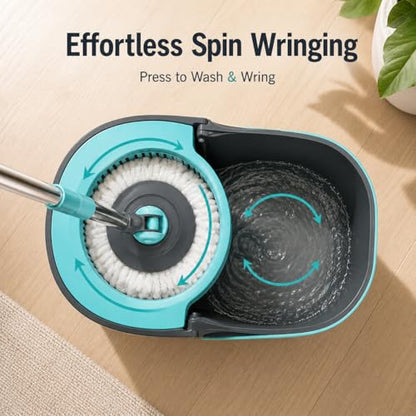 Lambert Home Spin Mop and Bucket Set with Wringer, Hands-Free Self-Wringing Floor Mop, 2 Washable Microfiber Mop Heads, 42.1-50 in Adjustable Stainless Steel Handle, Gray Blue