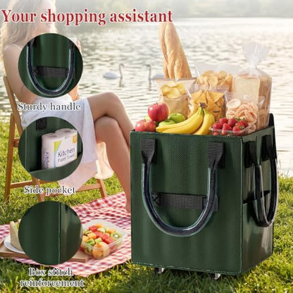 Reusable Grocery Bag on Wheel, Foldable Shopping Cart with Wheels, Can Carry up to 88 Pounds, Suitable for Groceries, Laundry, Camping and Moving. - color: Green -Medium