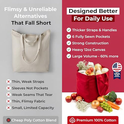 VeraMia Canvas Grocery Bag 3pc XL Set with Real Pockets, Long Shoulder Strap and Short Handle. Heavy Duty, Foldable, Washable - color: Cranberry