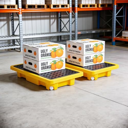 2 Pcs Spill Containment Pallet, 2-Drum Plastic Platform with Drain Outlet, 2000Lbs Load 26”x14”x4.7”, Leakproof Stackable Tray for Garage/Kitchen/Basement/Industrial Storage