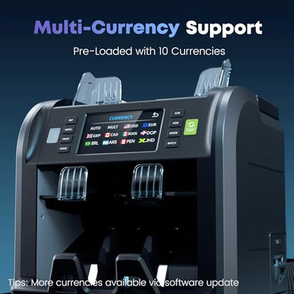 Aneken Ultra 2-Pocket Money Counter Machine Mixed Denomination with Built-in Printer, Multi-Currency Counter with Touch Screen, Bank-Grade Money Sorter with 2 CIS/UV/MG/IR/DD/DBL/HLF/CHN