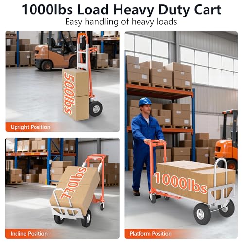 4 in 1 Convertible Hand Truck, 1000LBS Heavy Duty Hand Dolly, Heavy Duty Industrial Platform Cart Collapsible Truck for Warehouse, Logistics, Home, Office - color: Silver and Orange