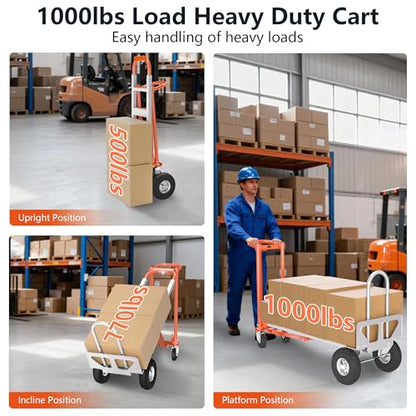 4 in 1 Convertible Hand Truck, 1000LBS Heavy Duty Hand Dolly, Heavy Duty Industrial Platform Cart Collapsible Truck for Warehouse, Logistics, Home, Office - color: Silver and Orange