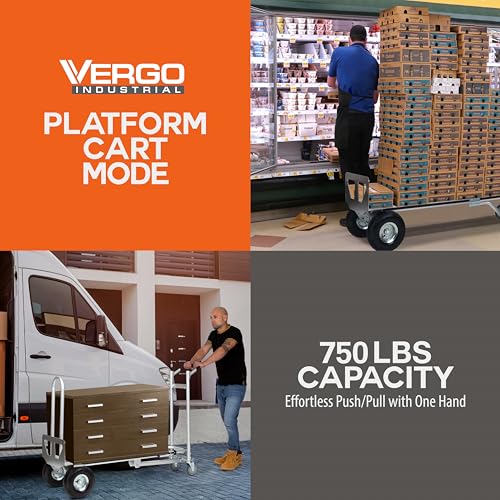 Vergo Industrial Convertible Hand Truck - AS7A2 Heavy Duty Aluminum 3 in 1 Dolly (750 lb Capacity) Lightweight Frame, Ergonomic Handle, Extendable Loop, Versatile Moving Dolly (3 Positions, 53" High) - size: 3 Positions, 53" High