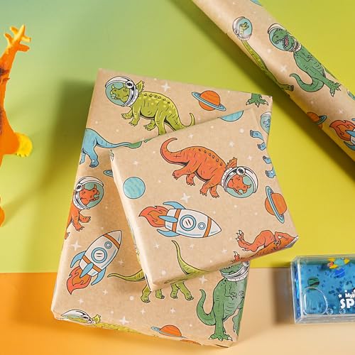 WRAPAHOLIC Kraft Space Dinosaur Wrapping Paper - Mini Roll - 17 Inch x 16.5 Feet - Dino Astronaut Rocket Birthday Wrapping Paper for Kids Boys, Baby Shower, Dino Lover - color: Kraft Space Dinosaur