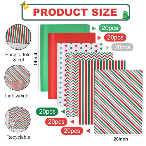 BEISHIDA 100 Sheets Christmas Red Green Tissue Paper Bulk for Gift Wrapping - color: 6rg120