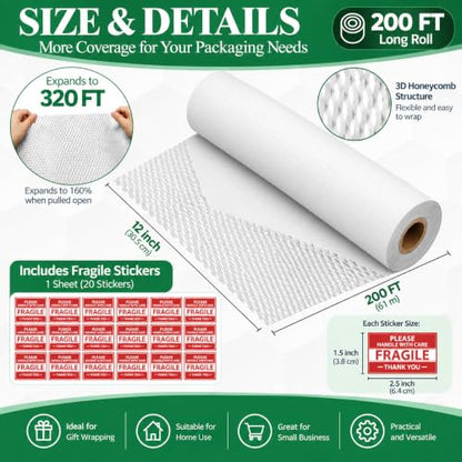 White Honeycomb Packing Paper, 12" x 200 ft, Shipping & Gift Wrap - color: White, size: 12 Inch x 200 Feet