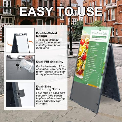 24"x36" A Frame Sign Sandwich Board Signs Outdoor, Double-Sided Heavy Duty Outdoor Large Signboard Portable Folding Poster Frame with Sand Fill Holes, Weather Resistant for Store, Cafés, Weddings, Street advertising