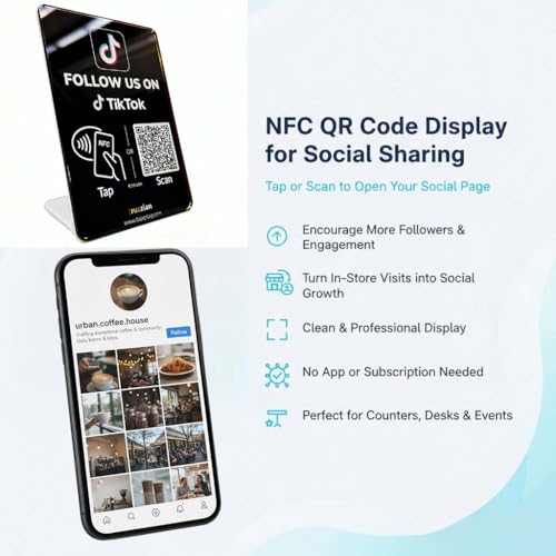 Follow Us Sign for TikTok (Large Size: 6.3 in ×4.45 in) – NFC QR Code Social Media Tap Card Stand, Reusable Tap or Scan, No App or Fees, Easy Setup, Social Media Sign Counter Display - size: Standard, style: TK Stand