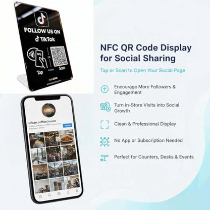 Follow Us Sign for TikTok (Large Size: 6.3 in ×4.45 in) – NFC QR Code Social Media Tap Card Stand, Reusable Tap or Scan, No App or Fees, Easy Setup, Social Media Sign Counter Display - size: Standard, style: TK Stand