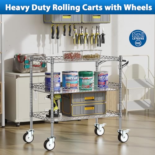 Leteuke 3 Tier Rolling Carts with Wheels, Heavy Duty Rolling Utility Cart - color: Matte Chrome