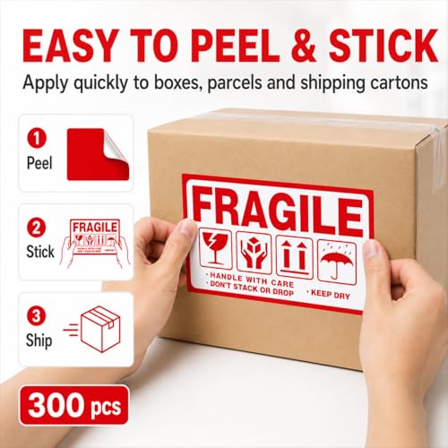 Large Fragile (6" X 3.5") Handle with Care Keep Dry Upward Do Not Trample Shipping Box Warning Stickers Label (STK-02 300pcs) - size: STK-02 300pcs