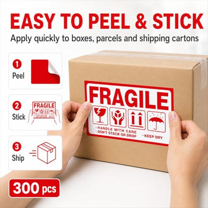 Large Fragile (6" X 3.5") Handle with Care Keep Dry Upward Do Not Trample Shipping Box Warning Stickers Label (STK-02 300pcs) - size: STK-02 300pcs