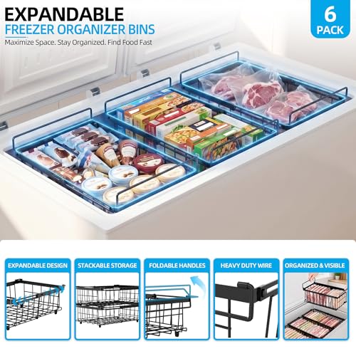 6 Pack Expandable Freezer Organizer Bins, Stackable Chest Freezer Basket - color: Black, size: 6 Packs