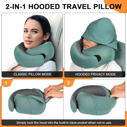 Travel Pillow - Hooded Neck Pillow Airplane Memory Foam Filling - color: Green