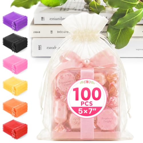 ANZNKU 100PCS Organza Bags 5x7 Ivory Small Gift Mesh Drawstring Goodie Bags - color: Ivory
