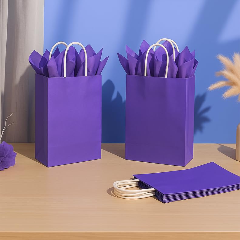 SUNCOLOR Purple Gift Bags with Tissue Paper, 24 Pack 8" Small Kraft Paper Party Favor Bags with Handles for Birthdays, Weddings, Bridal Showers - color: Purple