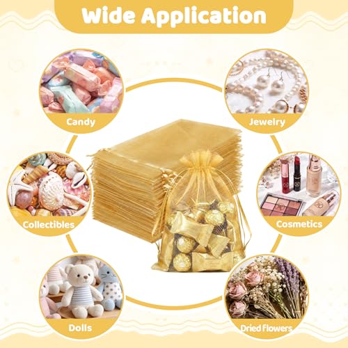 FUNFERY 100Pcs Gold Organza Bags 5x7 in,Small Mesh Drawstring Gift Bag - color: Gold